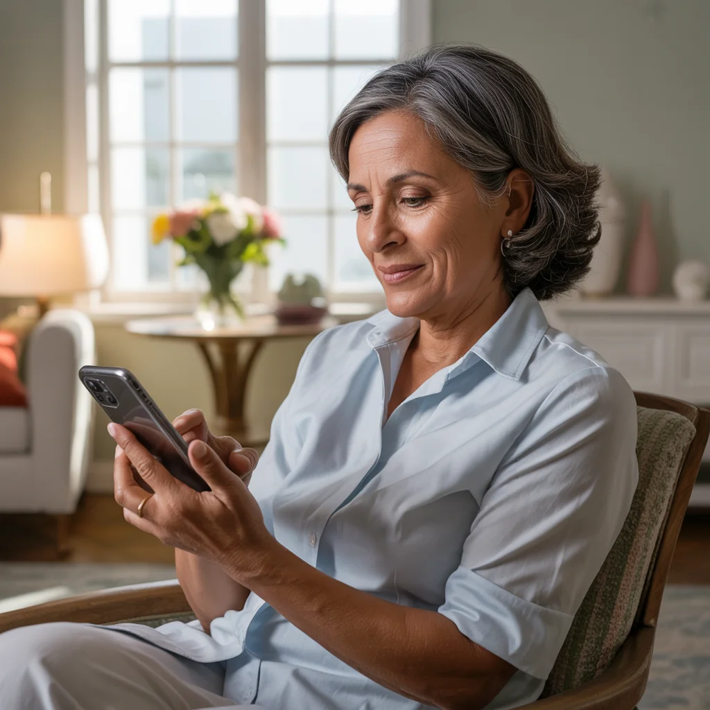 Cuidadora sorrindo usando smartphone para apoiar cuidado de demência.